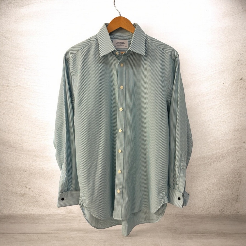 CHARLES TYRWHITT JERMYN STREET LONDON GREEN & WHITE STRIPED DRESS SHIRT